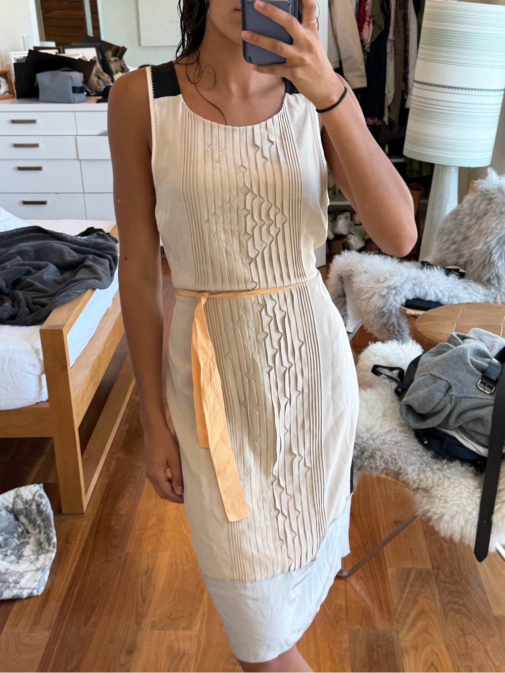 BCBGMaxAzria Cream Dress with Peach Waist Tie and Black Shoulder Accents